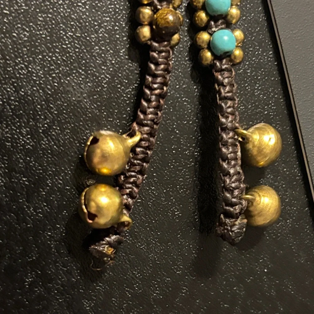 Turquoise and Tiger eye with brass beads‎ and bells woven braided bracelets
